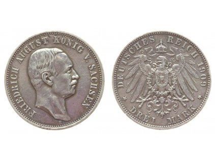 Německo, Sasko, 3 Marky, 1909, Ag mince, stav 1/1