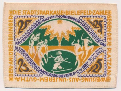 Německo, 25 Marek, 1921, Bielefeld - hedvábí, luxusní sběratelský stav