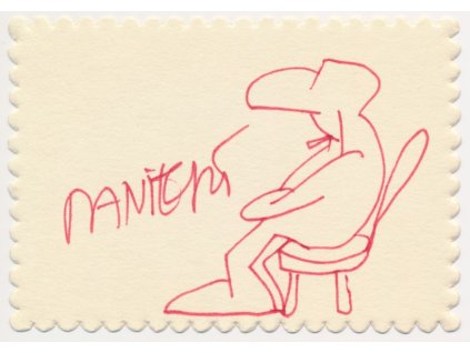 Daniel Jiří (1945), grafik, ilustrátor, sběrat. kartička s vl. podpisem a karikaturou