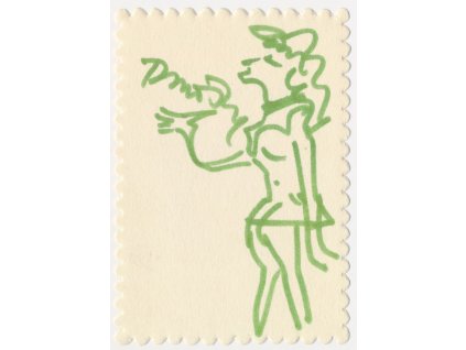 Motyčka Dušan (1926), malíř, grafik, sběratel. kartička s vl. podpisem a karikaturou