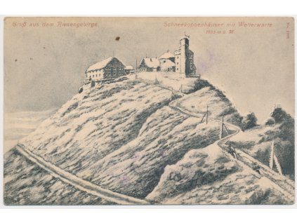 66 - Trutnovsko, Krkonoše, Sněžka, Schneekoppenhäuser mit Wetterwarte, cca 1921