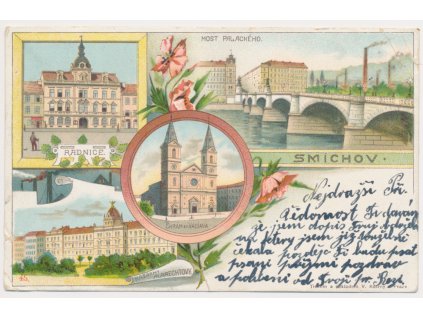 49 - Praha, Smíchov, 4 záběrová koláž, Radnice, Kasárny.., cca 1899, vada