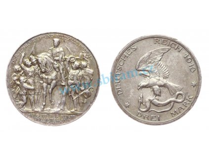 Německo, Ag (stříbrná) mince 3 Marka, 1913, tzv. Král zavolal, stav 1/1