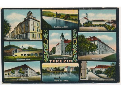 33 - Litoměřicko, Terezín, 9 - ti okénková koláž, mj. Kasárny, Záložna..., ca 1919