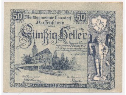 Rakousko, nouzová bankovka 50 h, Loosdorf, 1920, krásný stav UNC