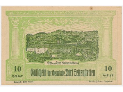 Rakousko, nouzová bankovka 10 h, Seitenstetten, 1920, flíček, jinak krásný stav UNC
