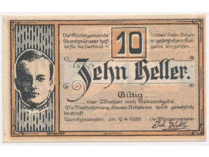 Rakousko, nouzová bankovka 10 h, Uurolzmünster, 1920, krásný stav UNC