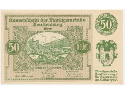 Rakousko, nouzová bankovka 50 h, Senftenberg, 1920, krásný stav UNC