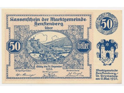 Rakousko, nouzová bankovka 50 h, Senftenberg, 1920, krásný stav UNC