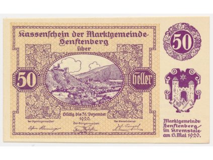 Rakousko, nouzová bankovka 50 h, Senftenberg, 1920, krásný stav UNC