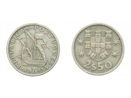 Portugalsko, mince 2,50 Escudos, 1964, stav 1/1...viz autentické foto