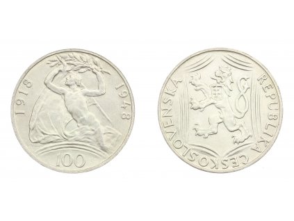 ČSSR, 100 Kčs, Vznik republiky, 1948, Ag (stříbrná) mince, stav 1/1