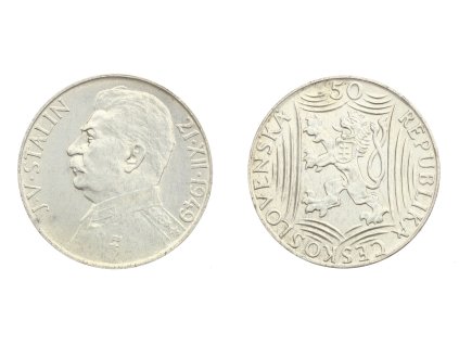 ČSSR, 50 Kčs, J. V. Stalin, 1949, Ag (stříbrná) mince, RL v plochách, stav 1/1