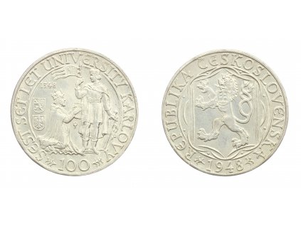 ČSSR, 100 Kč, Karlova univerzita, 1948, Ag (stříbrná) mince, stav -0/0-