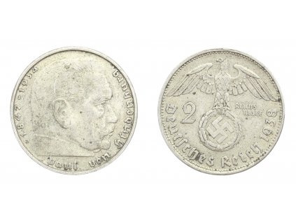Německo, Ag (stříbrná) mince 2 Reichs Mark, 1938 B, Hindenburg, pěkný stav