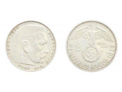 Německo, Ag (stříbrná) mince 2 Reichs Mark, 1939 D, Hindenburg, pěkný stav