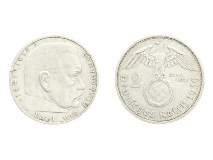 Německo, Ag (stříbrná) mince 2 Reichs Mark, 1939 A, Hindenburg, pěkný stav