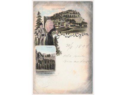 Německo, Oybin, oživená 3 záběrová litografie, prošlá poštou 1896 (!!!)