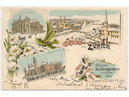 Švýcarsko, Zürich (Curych), 3 - záběrová litografie, "Novoroční pozdrav", cca 1897