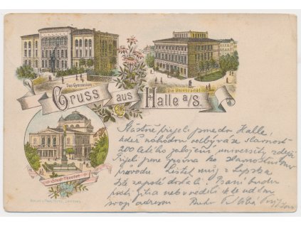 Německo, Halle, 3 záběrová koláž, Das Gymnasium, Stadt Theater, Die Universität, cca 1894 (!!!)