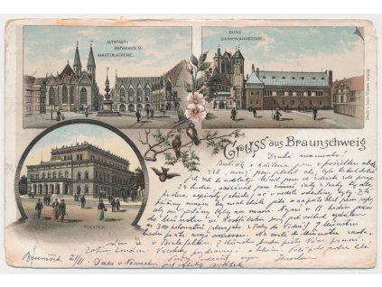 Německo, Brausschweig, 3 záběrová koláž oživených partií města, cca 1894