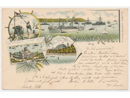Německo, Kiel, 4 záběrová koláž, mj. Kriegshafen, Kgl. Schloss, cca 1894
