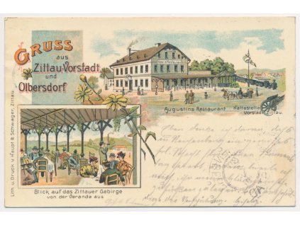 Německo, Gruss aus Zittau-Vorstadt und Olbersdorf, 2 záběrová litografie, nádraží a restaurace, cca 1900