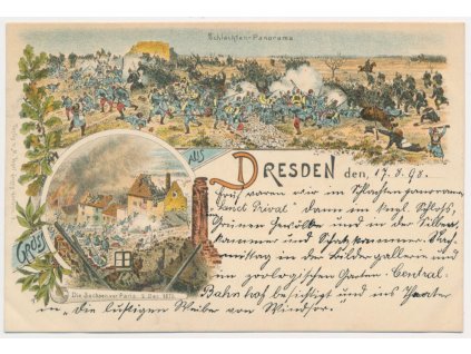 Německo, Dresden, 2 záběrová koláž, Schlachten - Panorama, Die Sachsen vor Paris, cca 1898