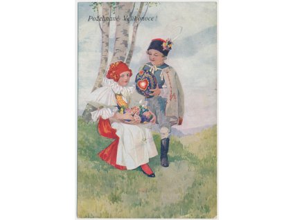 Požehnané Velikonoce, dívka a chlapec v lidových krojích, cca 1918