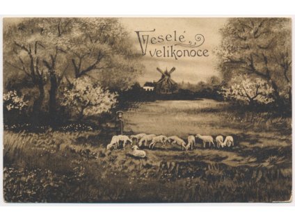 Veselé Velikonoce, partie s pasáčkem a ovečkami, cca 1915