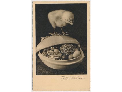 Veselé Velikonoce, Fröhliche Ostern, kuřátko a vajíčka, cca 1942