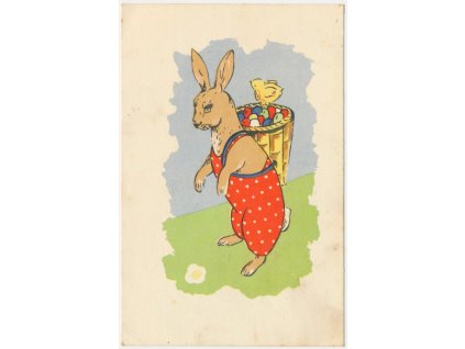 Velikonoční pohlednice se zajíčkem s nůší plnou vajíček, cca 1940