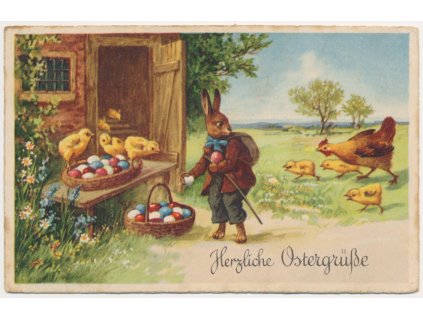 Velikonoční přání, Herzliche Ostergrüsse, zajíček, kuřátka, slepička..., cca 1935