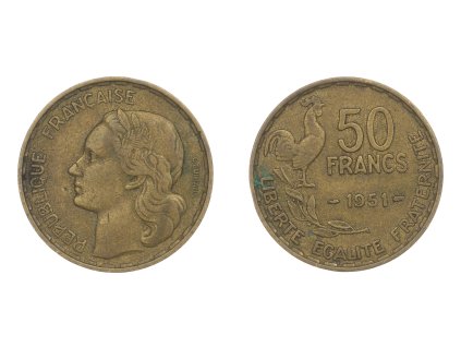 Francie, mince 50 Francs, 1951, stav -1/1-, jemná patina...viz autentické foto