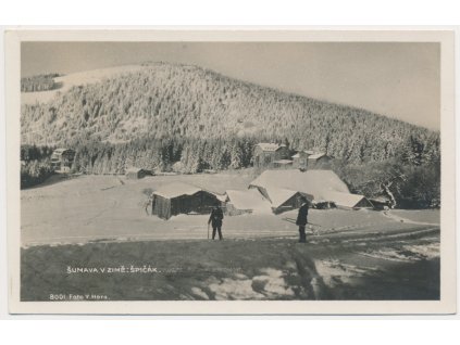 28 - Klatovsko, Šumava, Špičák, oživená zimní partie, cca 1929