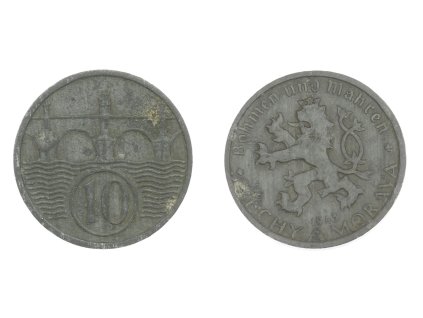 Protektorát Čechy a Morava, mince 10 h, 1943, stav 1/1...viz autentické foto