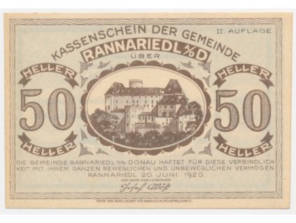 Rakousko, nouzová bankovka 50 h, Rannariedl, 1921, krásný stav UNC