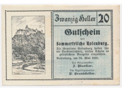 Rakousko, nouzová bankovka 20 h, Rossenburg, 1920, krásný stav UNC