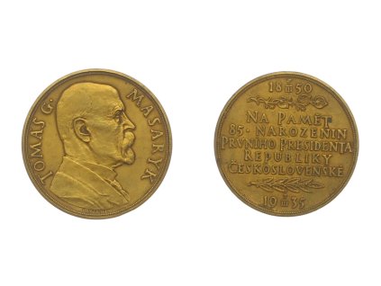 ČSR, AE pamětní medaile 85.narozenin T. G. Masaryka, bronz, průměr 50 mm, původní etue značena mincovna Kremnica, stav 1/1