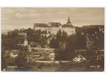 64 - Táborsko, Bechyně, pohled na zámek a domy v podzámčí, cca 1927