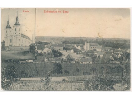 34 - Lounsko, Libočany, 2 záběrová koláž, Kostel, Celkový pohled, cca 1916