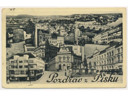 46 - Písek, koláž s dominantami města "Pozdrav z Písku", cca 1955