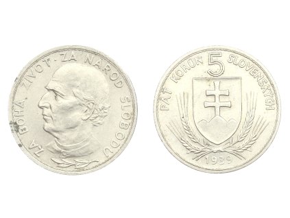 Slovenský štát, mince 5 Koruna, 1939, v-tlustá čárka na Á, stav 1/1...viz autentické foto