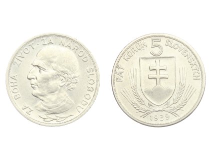 Slovenský štát, mince 5 Koruna, 1939, v-tlustá čárka na Á, stav -0/0-...viz autentické foto