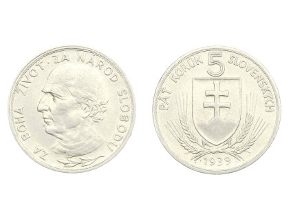 Slovenský štát, mince 5 Koruna, 1939, v-tlustá čárka na Á, stav -0/0-...viz autentické foto