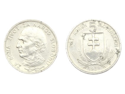 Slovenský štát, mince 5 Koruna, 1939, v-tlustá čárka na Á, stav 1/1...viz autentické foto