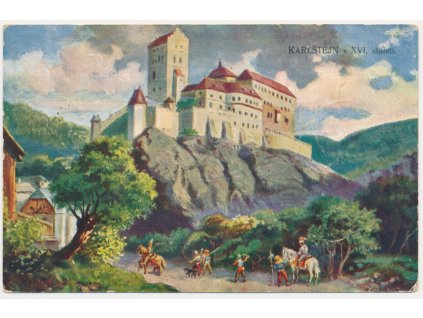 02 - Berounsko, Karlštejn, oživený pohled na hrad v XVI. století, cca 1925