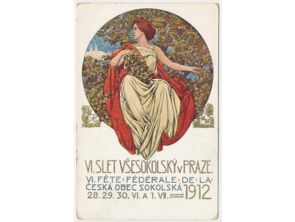 Sokol, VI. slet všesokolský v Praze 1912, oficiální pohlednice, malíř F. Urban