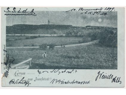 38 - Náchodsko, Josefov, oživený pohled z malé pevnosti, cca 1899, vada