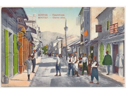 Bosna a Hercegovina, Mostar, Glavna ulica, oživená ulice, cca 1910